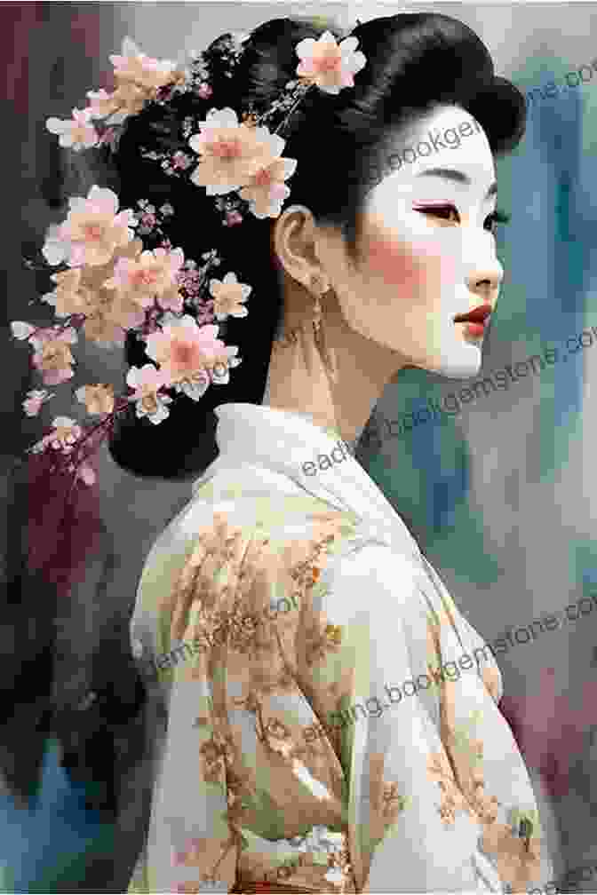 A Serene Painting Of A Geisha, Her Kimono Adorned With Delicate Cherry Blossoms And Her Expression Captivating. Tattoo Images: ART TATTOO ORIENTAL III: 120 Paintings Designs And Oriental Sketches (Planet Tattoo 4)